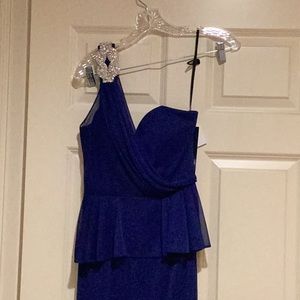 XSCAPE Long royal blue one shoulder gown